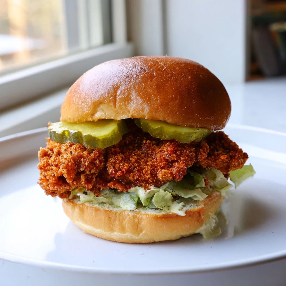 Juicy crunchy pickle brined fried chicken sliders garnished with dill pickles on pillowy sweet buns