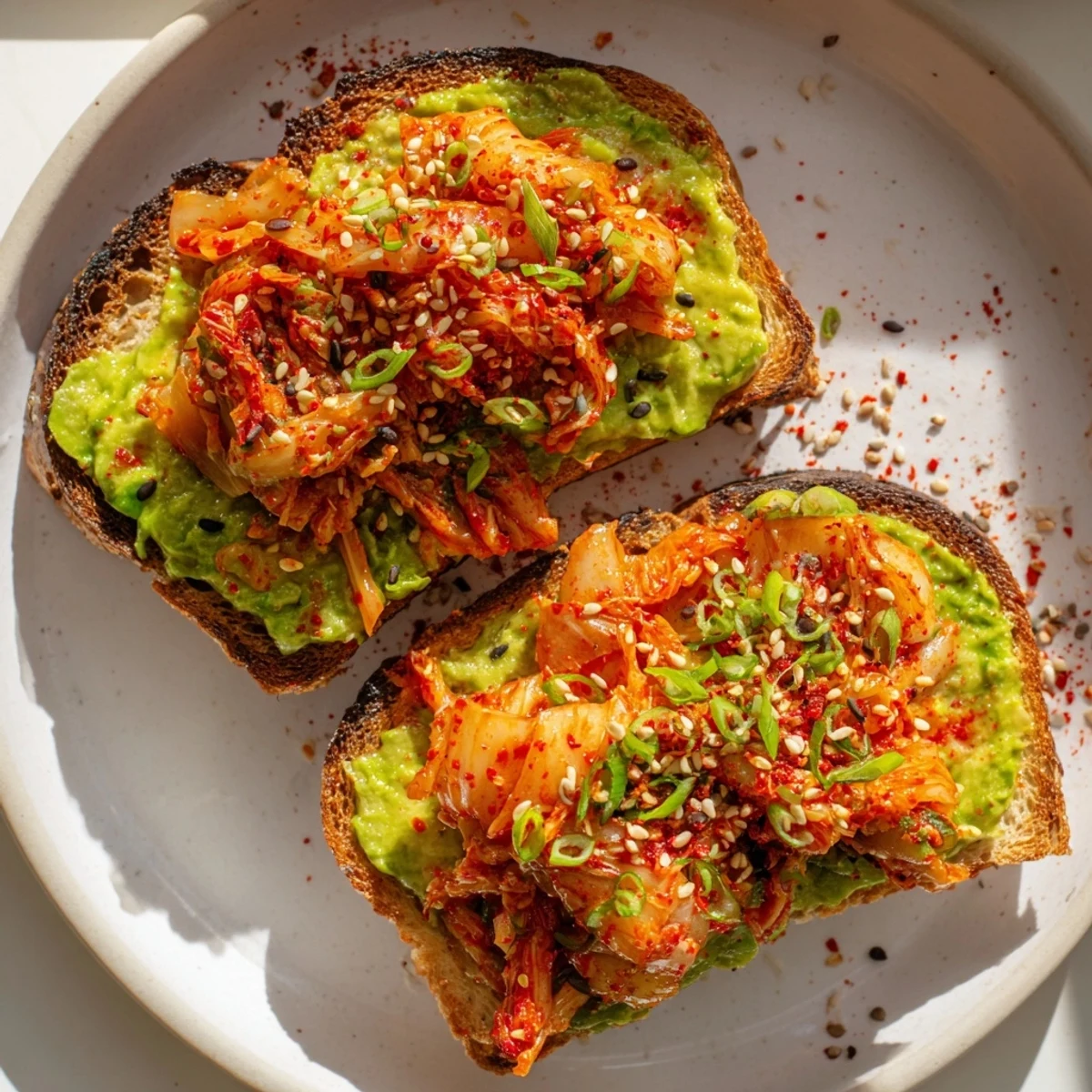 Crusty sourdough topped with bright kimchi avocado toast and sesame seeds