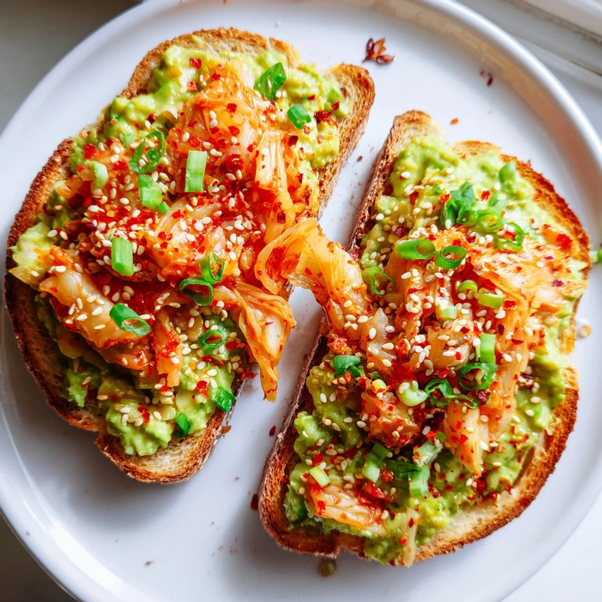 Kimchi avocado toast garnished with green onions on a rustic wooden board