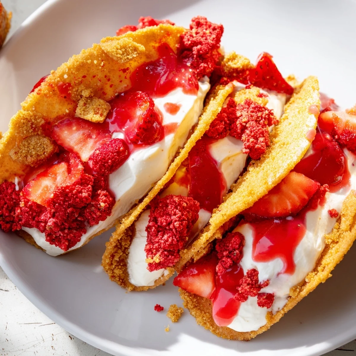 Crispy cinnamon-sugar taco shells filled with creamy strawberry crunch cheesecake tacos