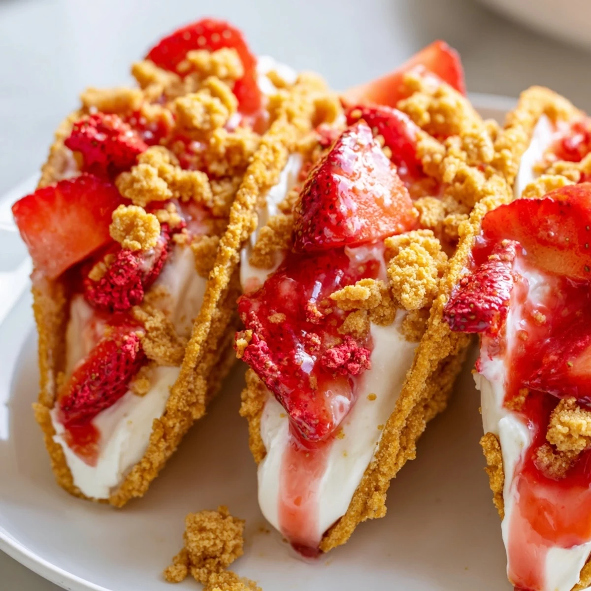 Golden strawberry crunch cheesecake tacos topped with crumbled cookies and berries