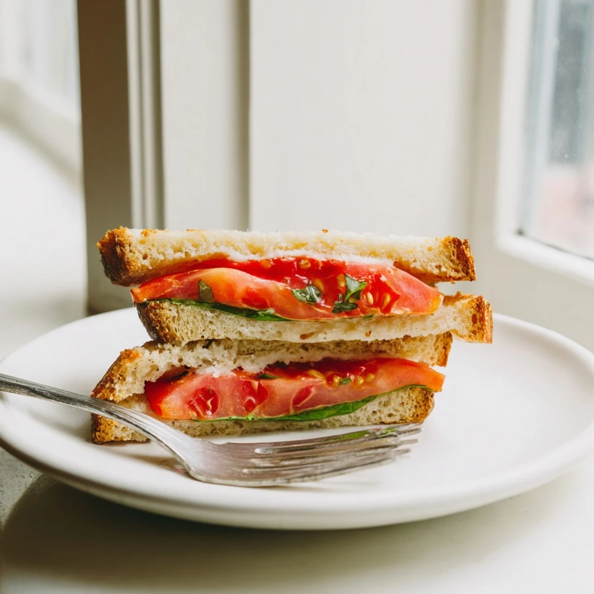 Juicy ripe tomato slices stacked on white bread with a side of iced tea  