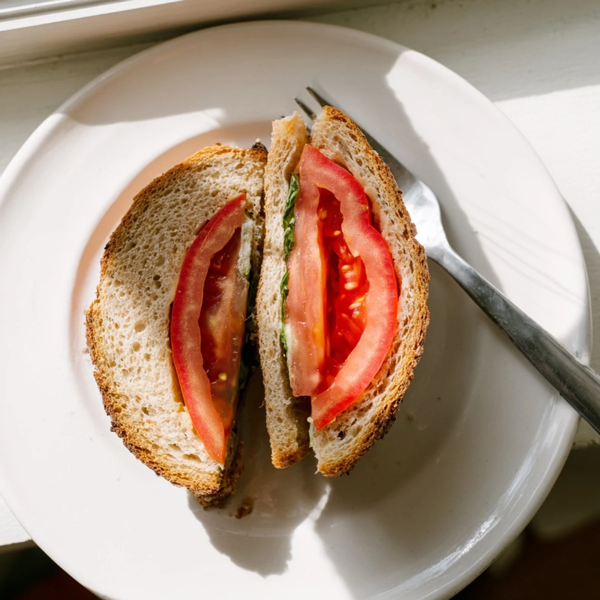 Golden toasted tomato sandwich layered with fresh basil and creamy mayo on a cutting board  