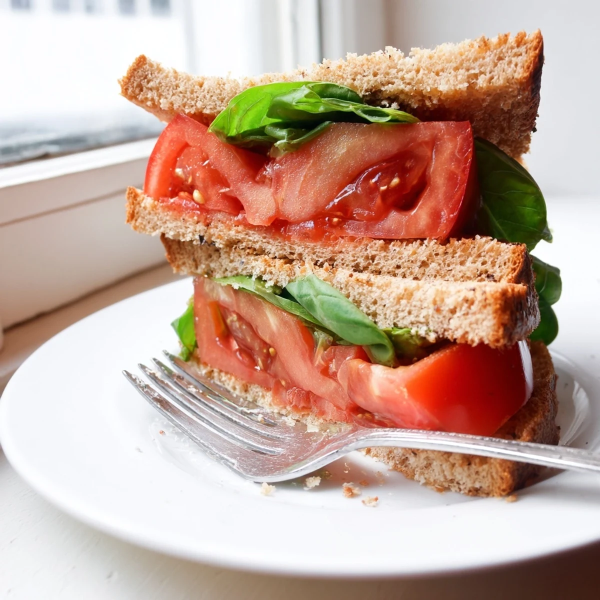 Close-up of a classic tomato sandwich cross-section showing thick slices and black pepper seasoning
