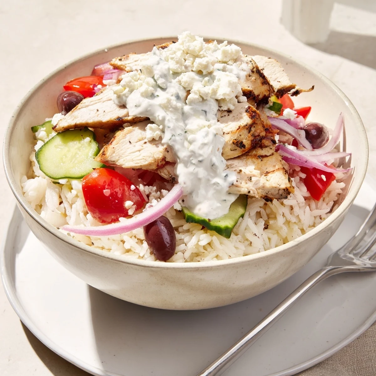 Slice of juicy grilled chicken atop fluffy rice in Greek chicken bowls