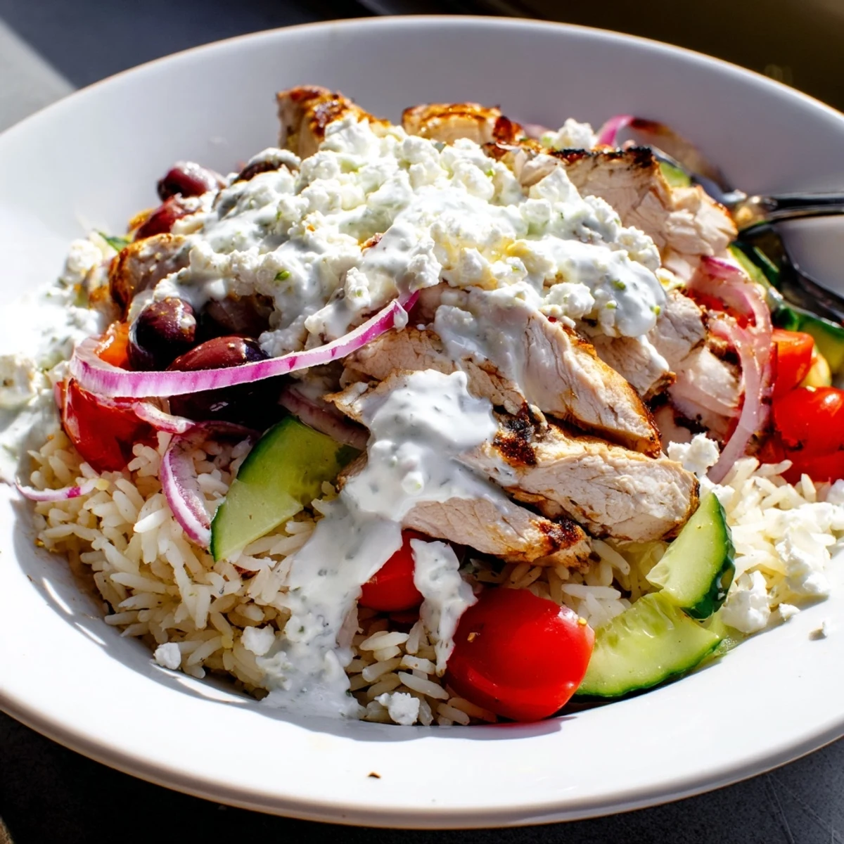 Fresh Greek chicken bowls topped with tangy tzatziki sauce and crumbled feta