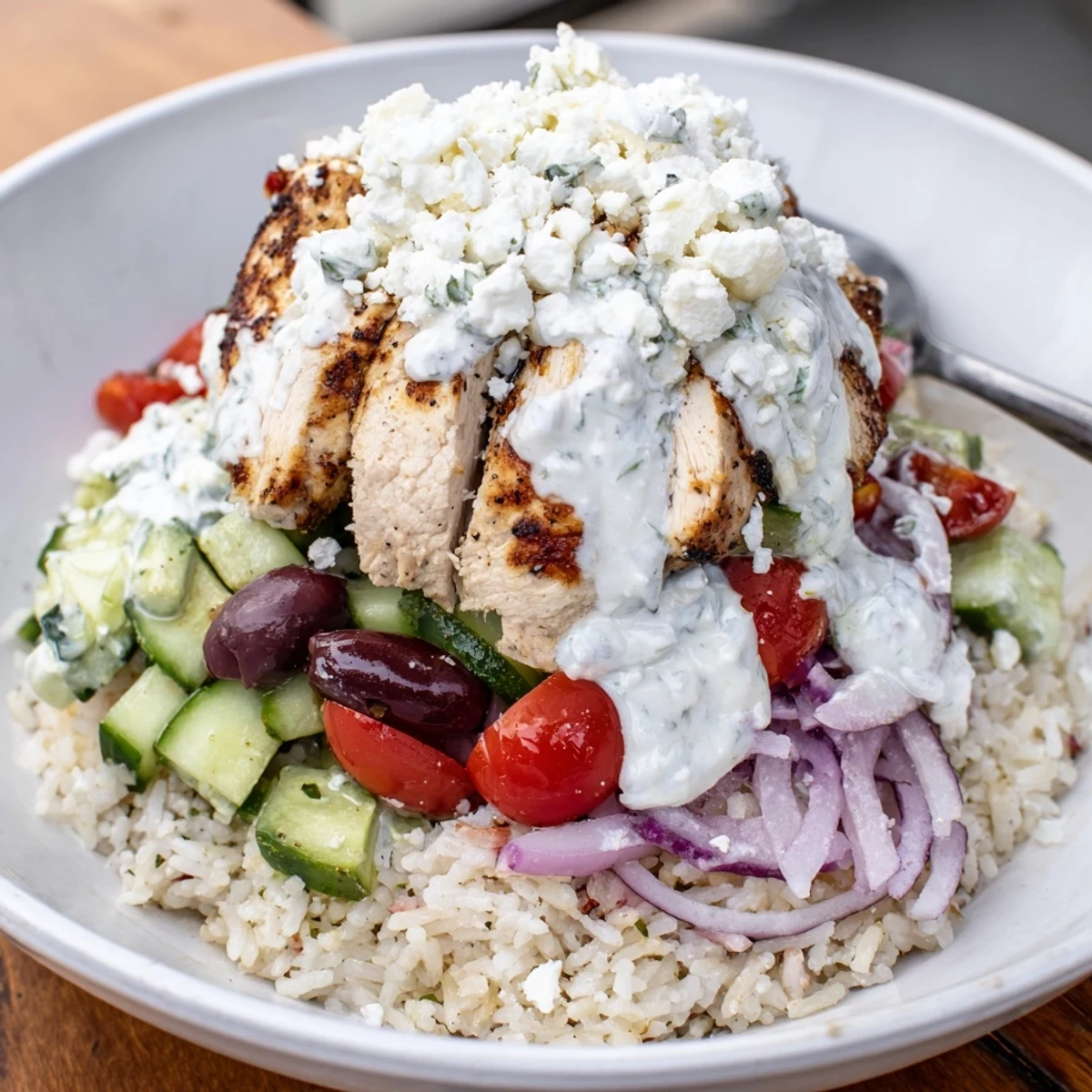 Close-up of vibrant Greek chicken bowls with olives, tomatoes, and herbs