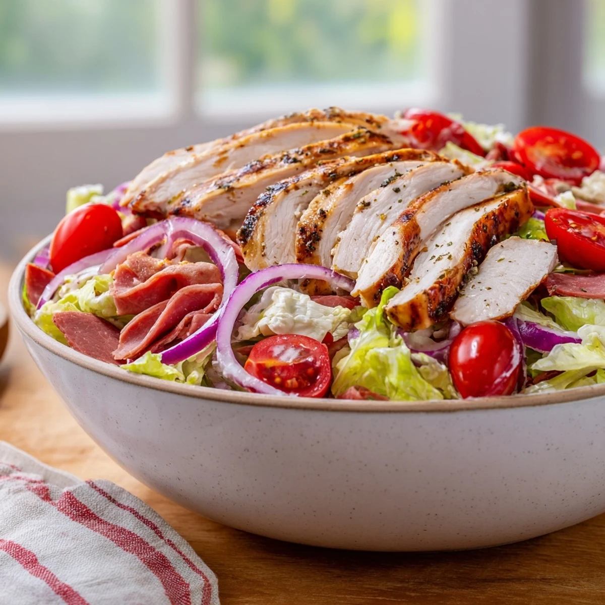 Sliced grilled chicken tops a bed of crisp romaine and Genoa salami in this Italian Grinder Chicken Salad