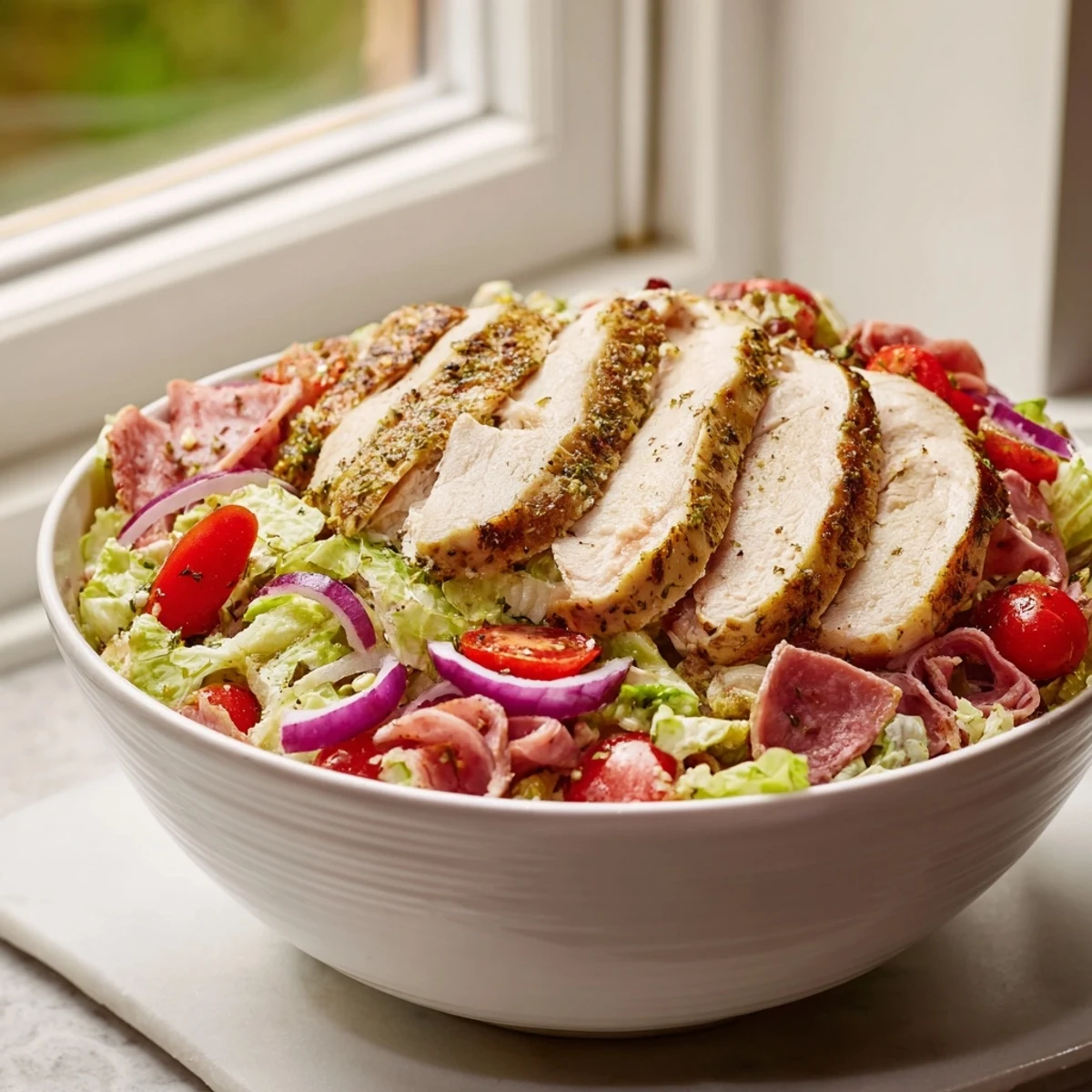 Tangy pepperoncini and provolone garnish a hearty bowl of Italian Grinder Chicken Salad with zesty homemade dressing