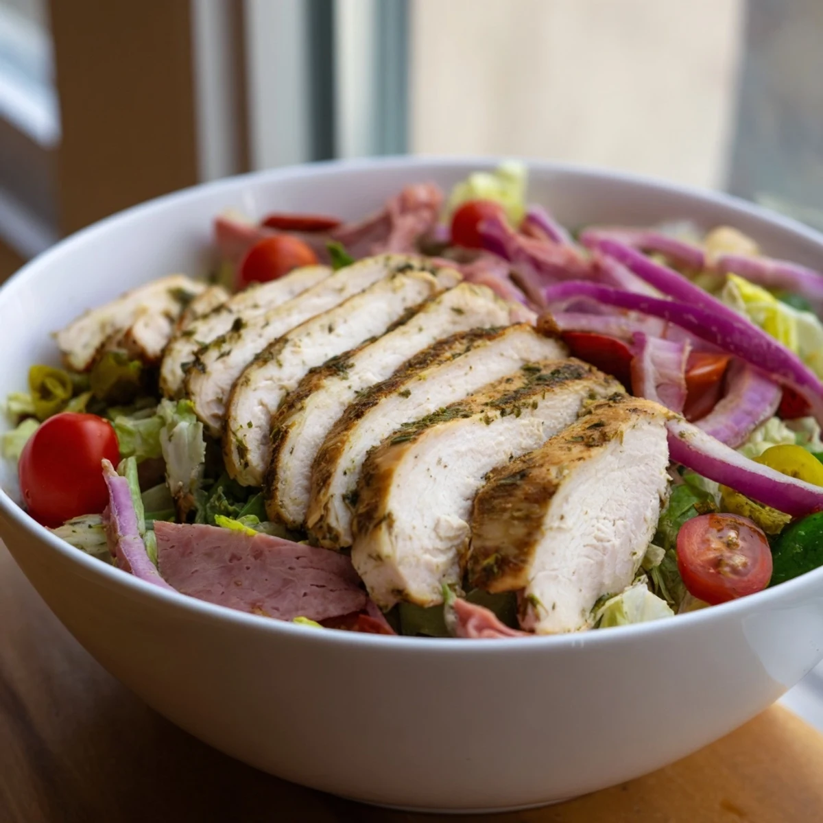A colorful spread of deli meats, roasted red peppers, and grilled chicken in Italian Grinder Chicken Salad