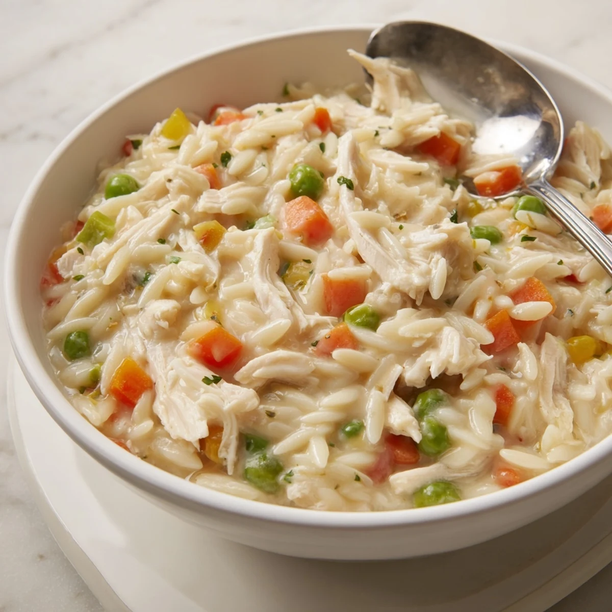 Savory one-pot creamy chicken pot pie orzo featuring pasta, shredded chicken, and colorful vegetables.
