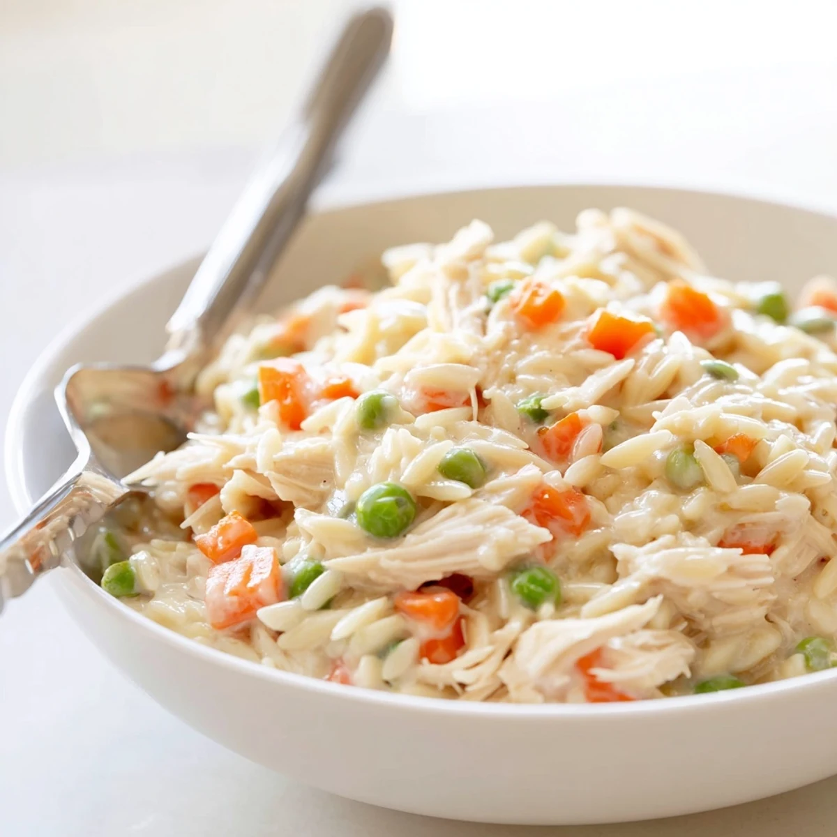 Steaming bowl of chicken pot pie orzo loaded with tender meat and veggies in a luscious cream sauce.