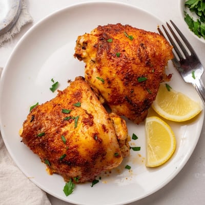 Juicy oven baked chicken thighs with smoky paprika crust served alongside bright lemon wedges