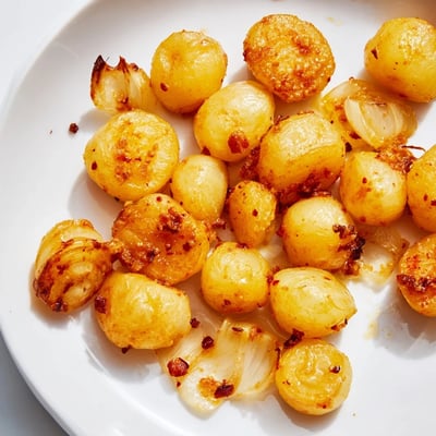 Air fried pearl onions glistening with olive oil and smoked paprika on a plate