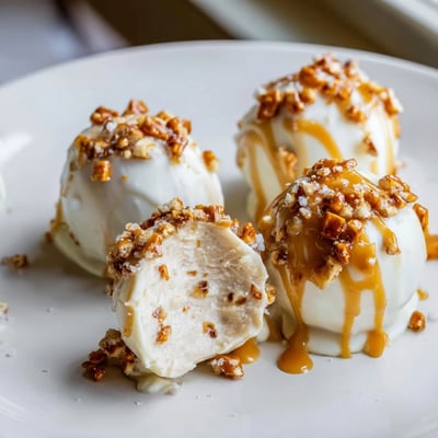 Golden-dipped salted caramel pretzel cheesecake balls topped with crushed pretzels and flaky salt